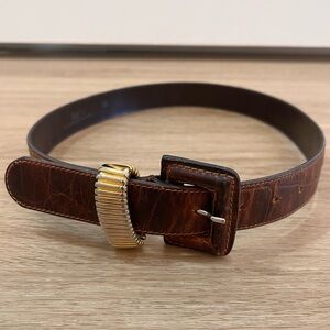 Vintage Furla Brown Genuine Leather Belt with Gold Textured Buckle Size 75